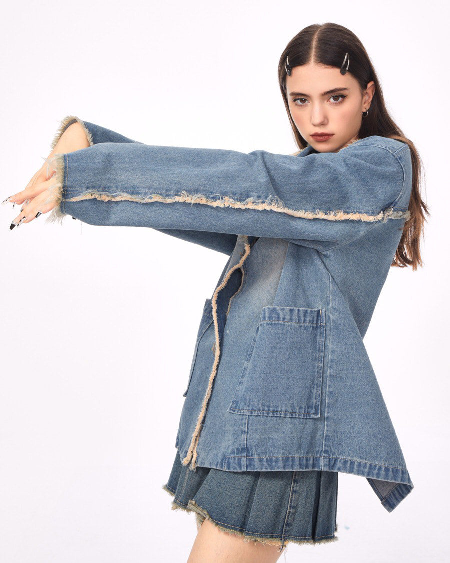 distressed denim blazer in blue