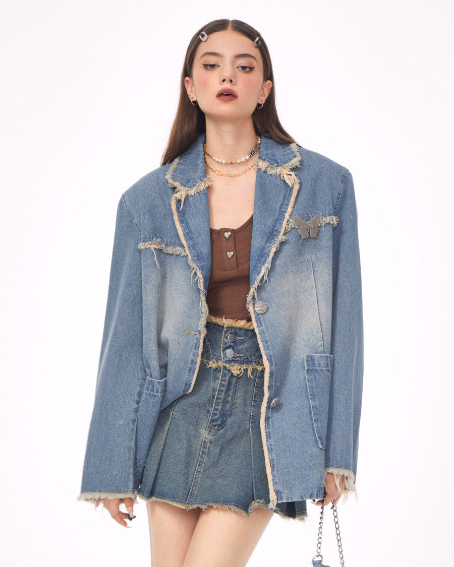 distressed denim blazer in blue