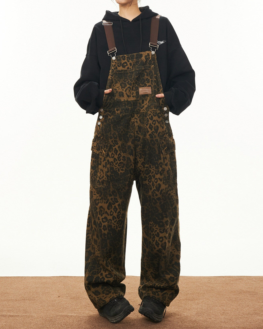 animal instincts leopard print denim overalls