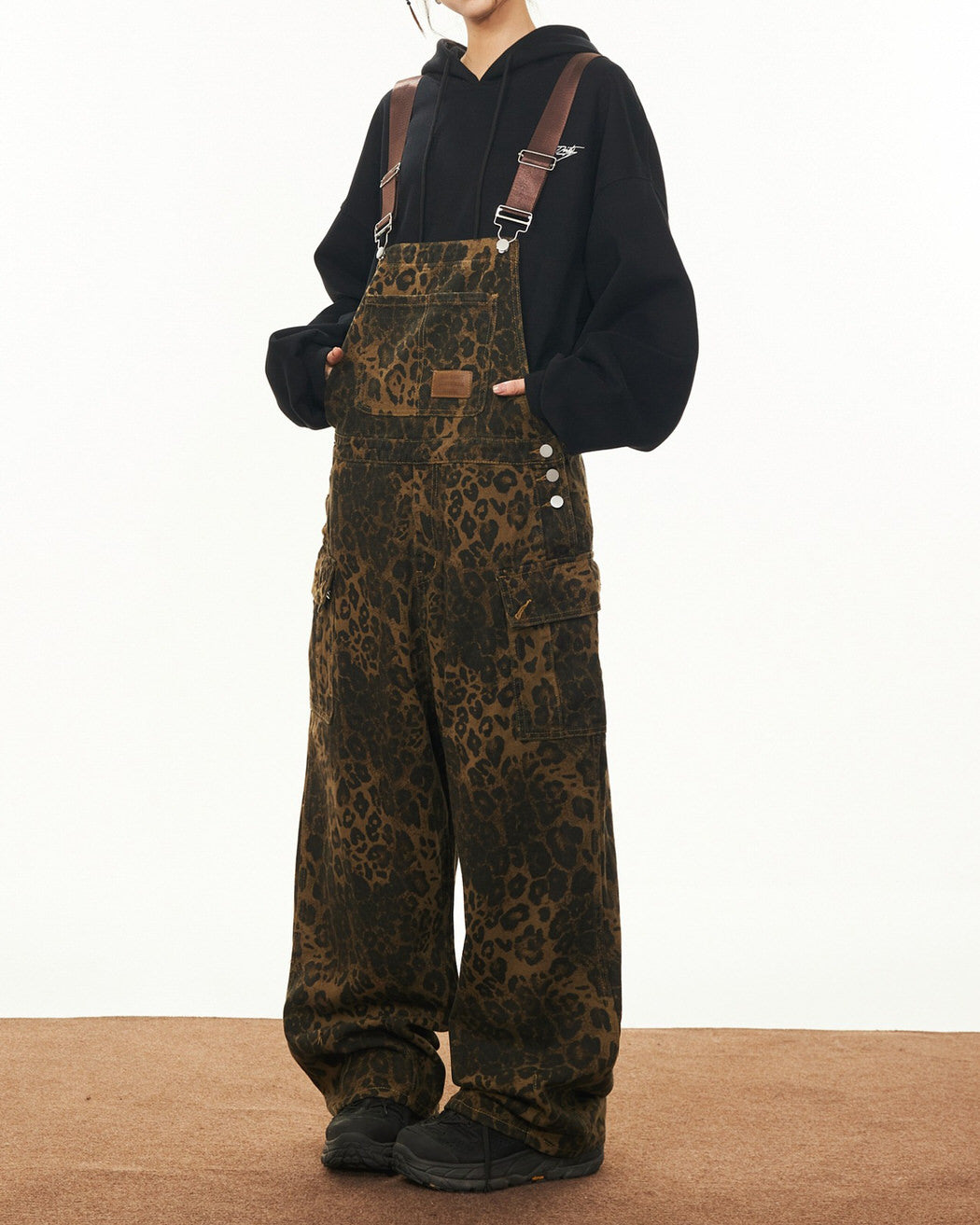 animal instincts leopard print denim overalls