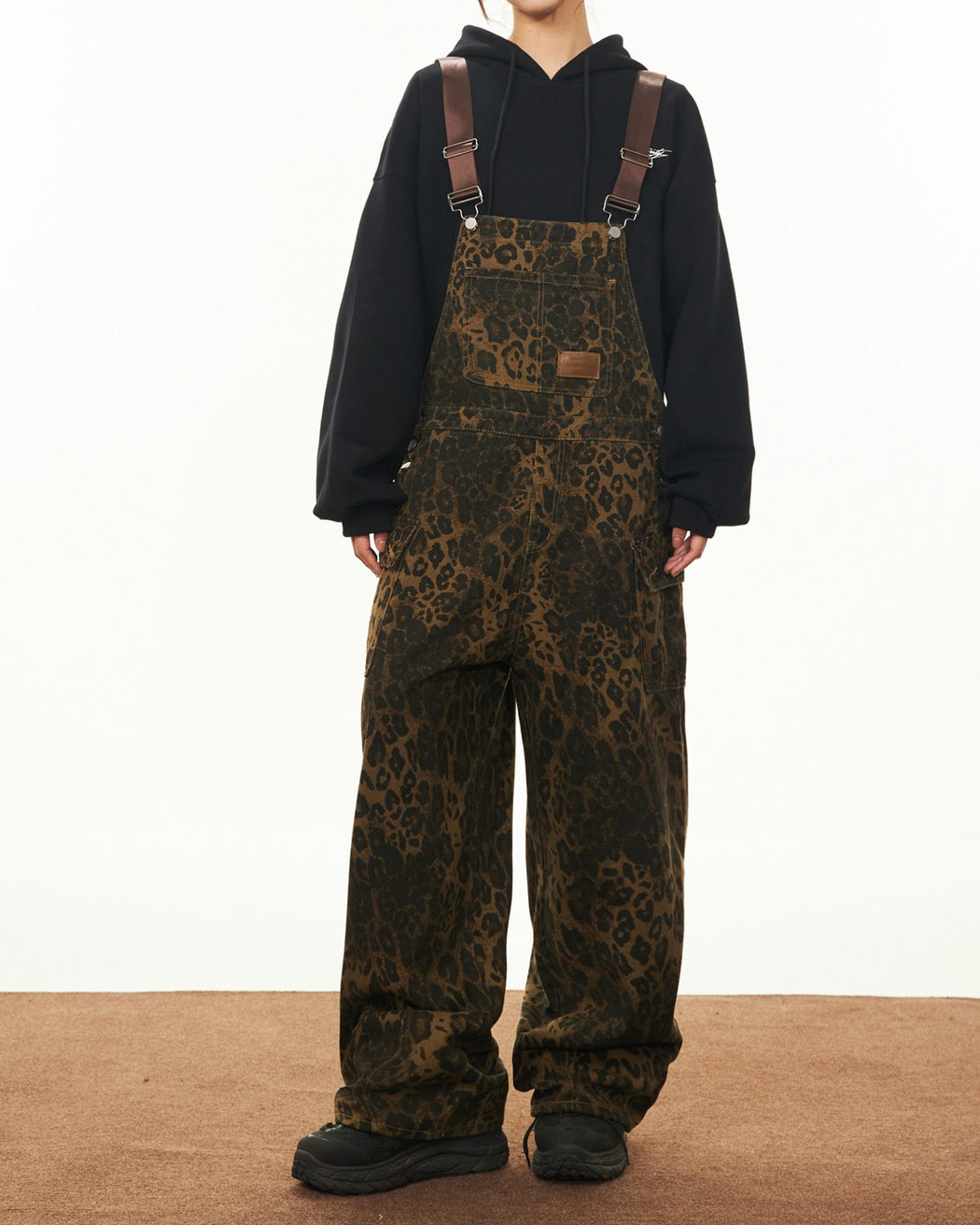 animal instincts leopard print denim overalls