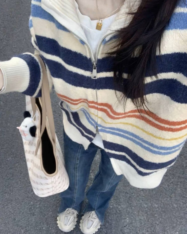 prep school striped zip up long sleeve