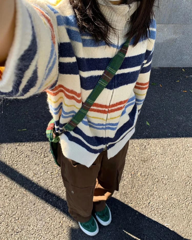 prep school striped zip up long sleeve