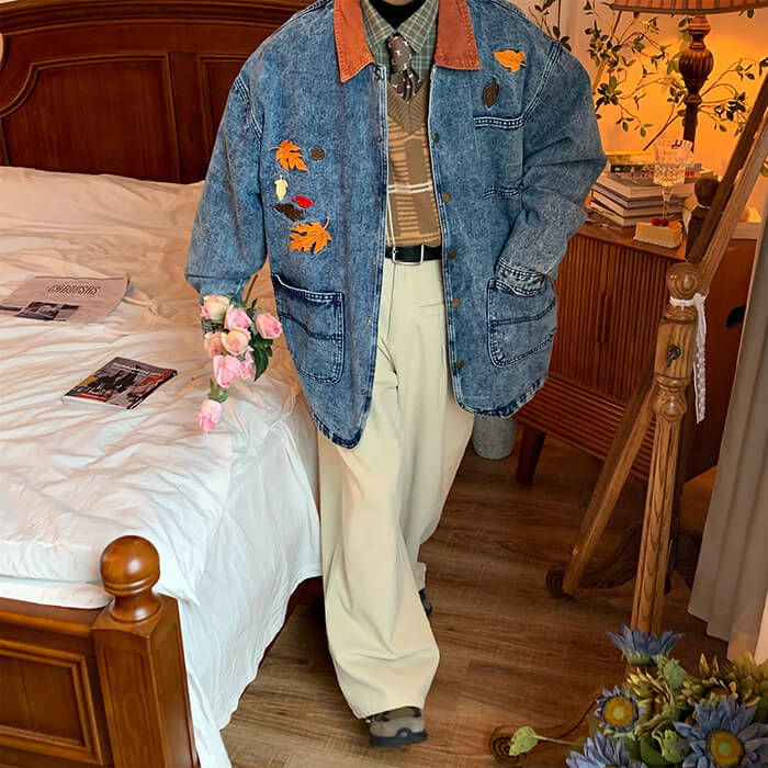 autumn leaves embroidery denim jacket