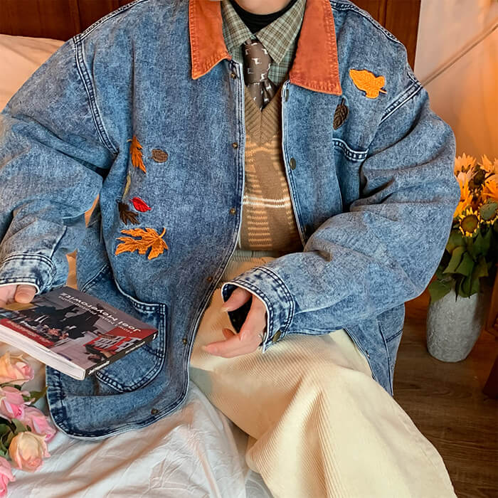 autumn leaves embroidery denim jacket