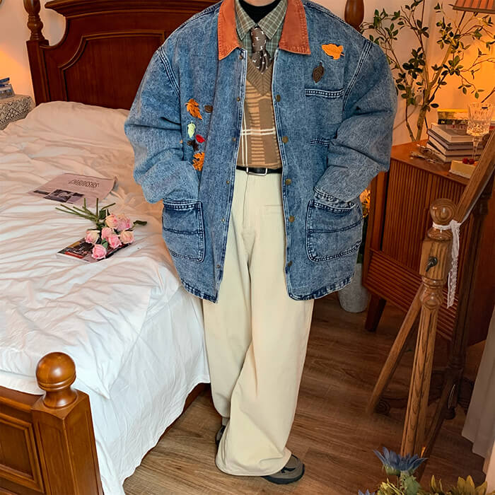 autumn leaves embroidery denim jacket