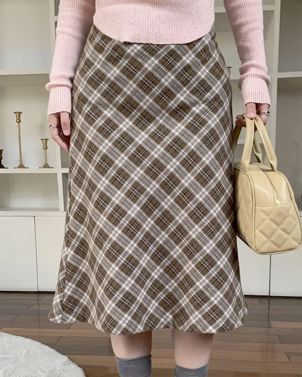 worry less brown plaid midi skirt