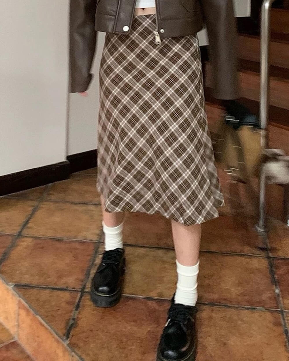 worry less brown plaid midi skirt