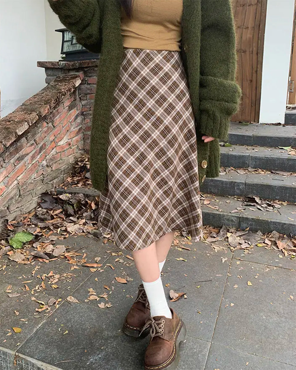 worry less brown plaid midi skirt