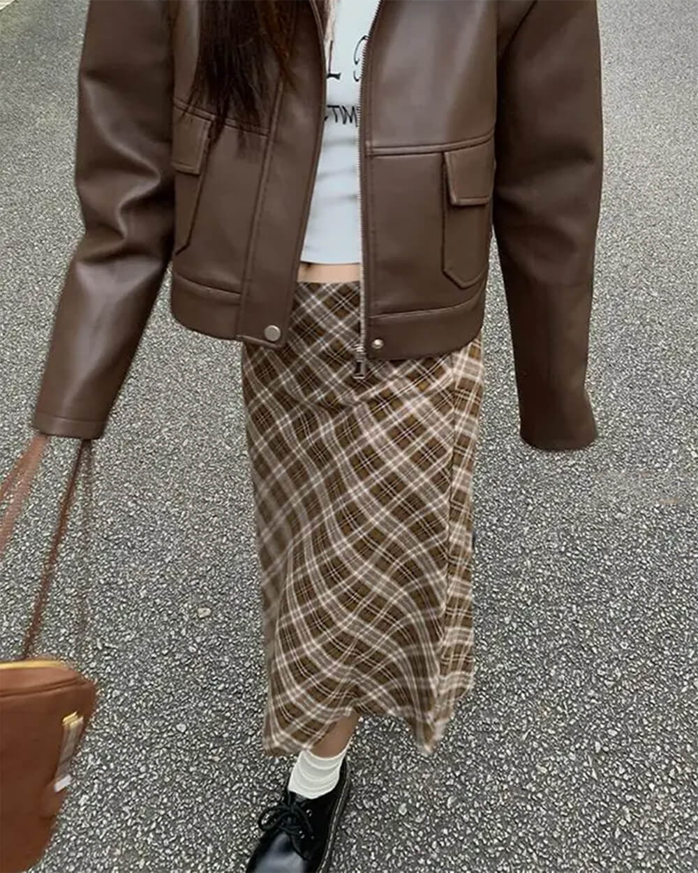 worry less brown plaid midi skirt