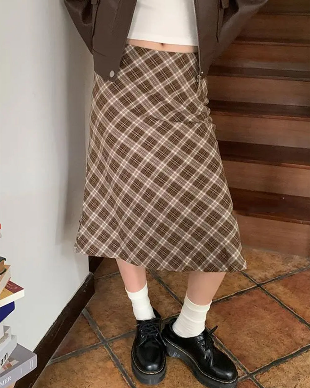 worry less brown plaid midi skirt