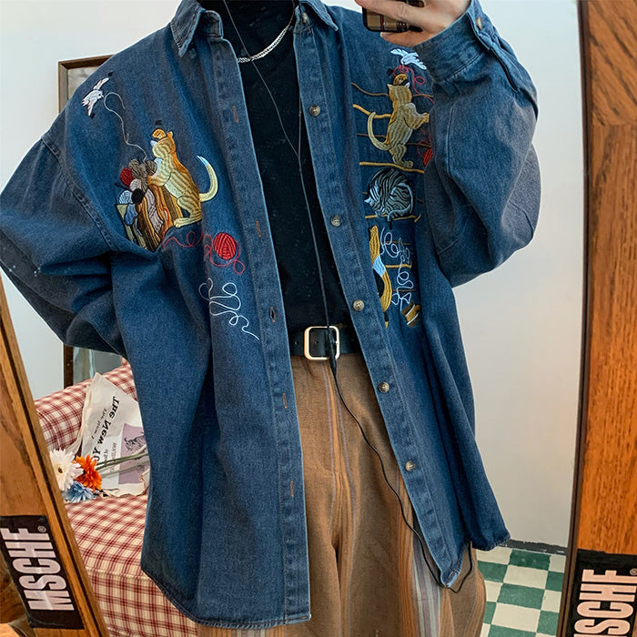 cat embroidery vintage style denim shirt