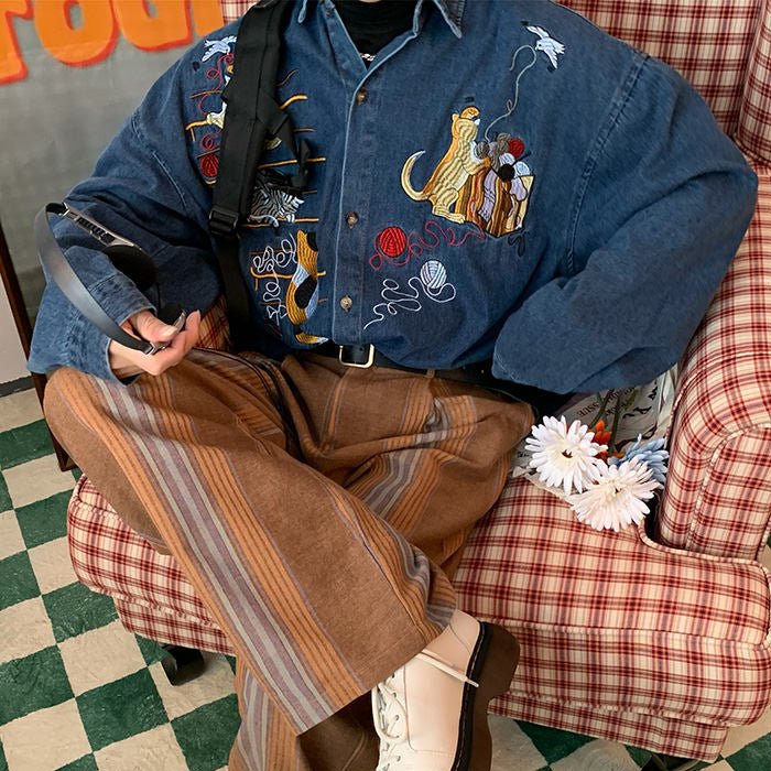 cat embroidery vintage style denim shirt