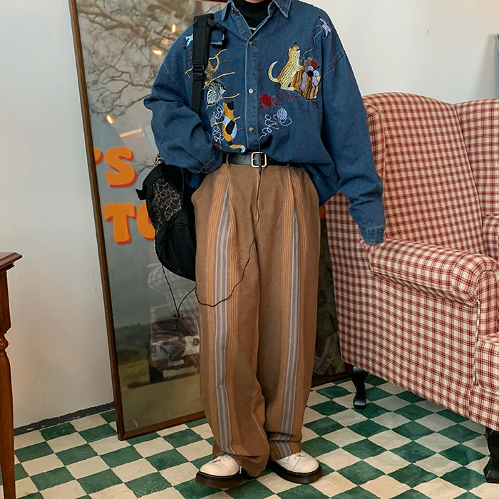 cat embroidery vintage style denim shirt