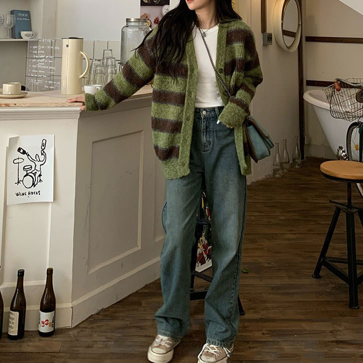 local coffee shop striped cardigan