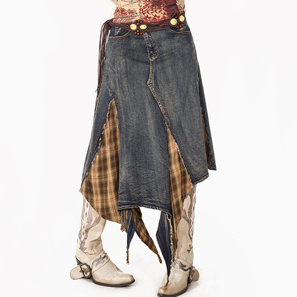 grunge patchwork plaid denim skirt