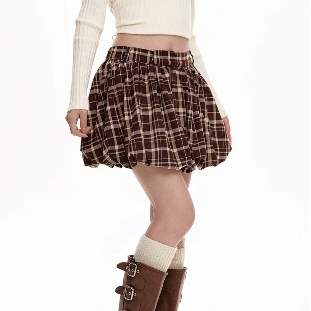 preppy plaid balloon mini skirt