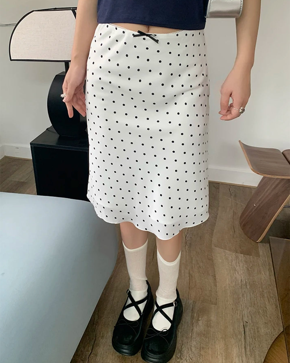 satin polka dot midi skirt