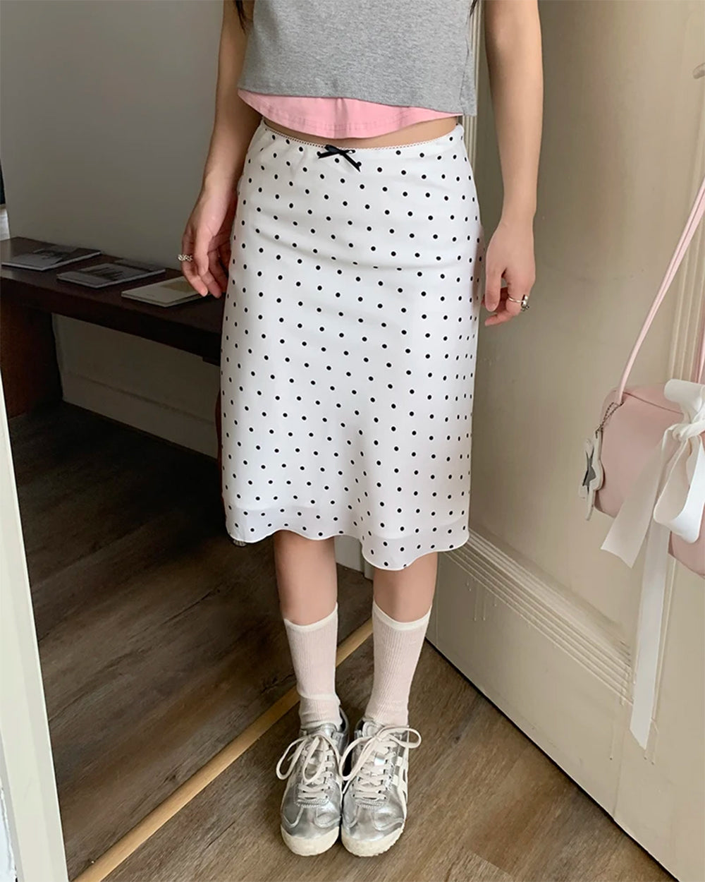 satin polka dot midi skirt