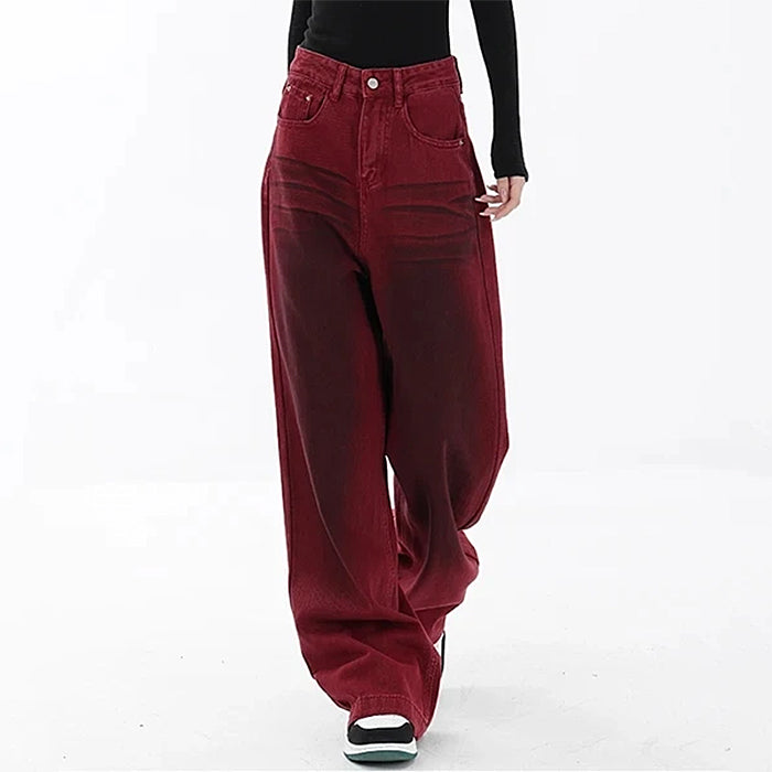 wine red faded wide leg jeans