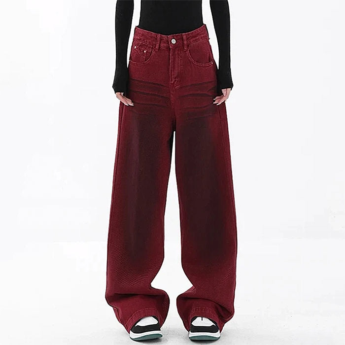 wine red faded wide leg jeans