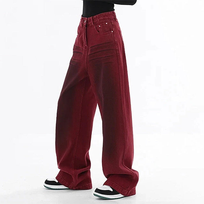 wine red faded wide leg jeans